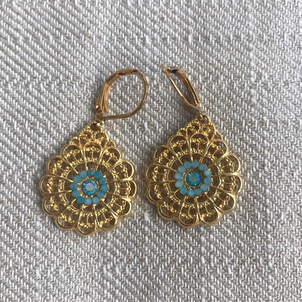 Gold Floral Inspired Earrings with Blue Crystals